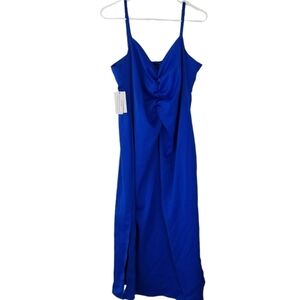 NWT Eloquii Royal Blue Satin Slip Midi Party Dress Side Slits Ruched Front 14